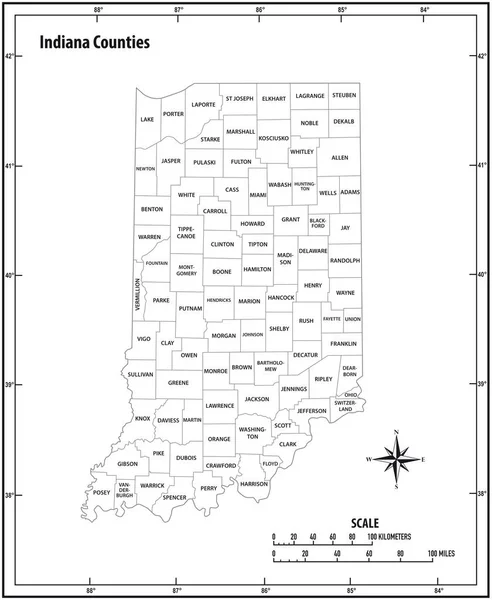 Estado Indiana Esbozar Mapa Vectorial Administrativo Político Blanco Negro — Archivo Imágenes Vectoriales