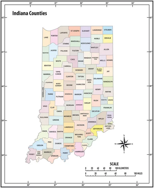 Estado Indiana Esbozar Mapa Vectorial Administrativo Político Color — Vector de stock