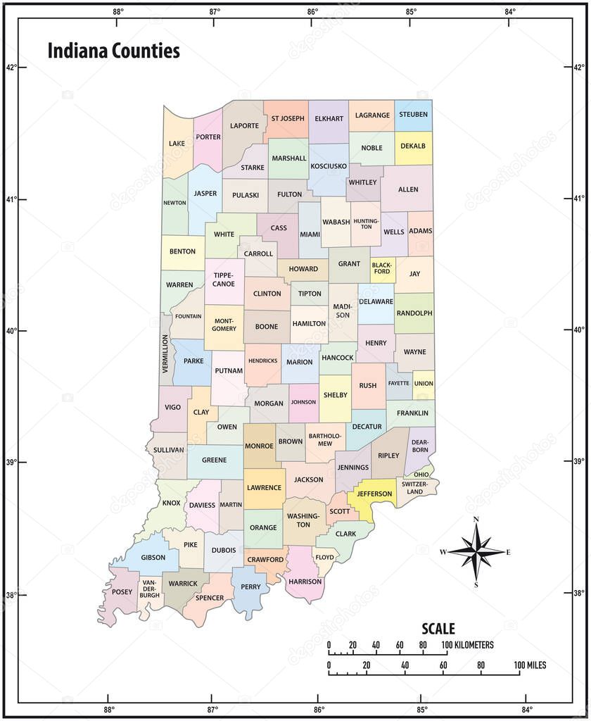 Indiana state outline administrative and political vector map in color
