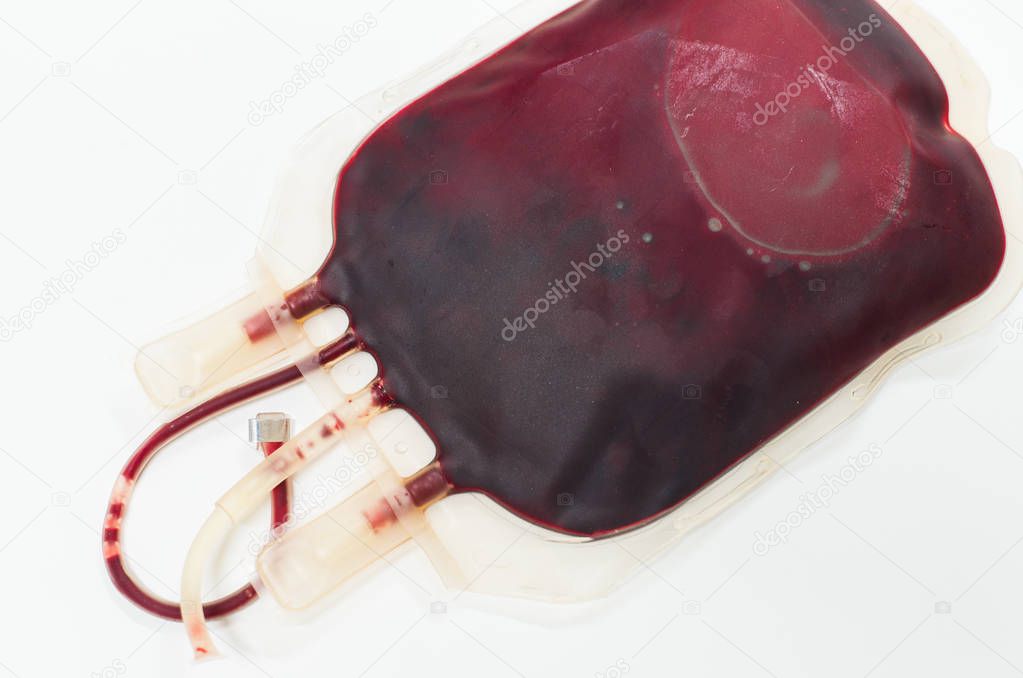 Closeup red blood bag on white background