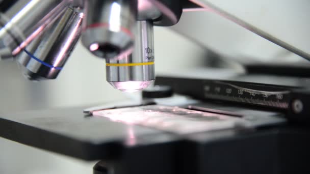 Närbild på prövningen av provet i Mikroskop i laboratorium. — Stockvideo