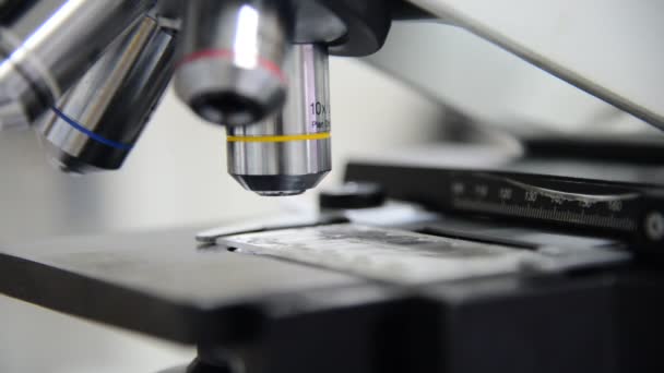 Aproximação do exame da amostra de ensaio ao microscópio em laboratório . — Vídeo de Stock