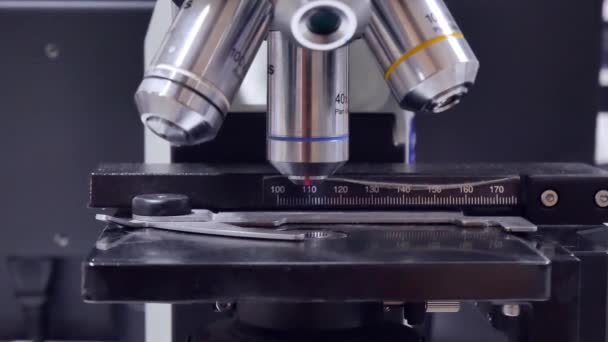Κοντινό Πλάνο Χέρι Επιστήμονας Χρησιμοποιώντας Φως Μικροσκόπιο Στο Εργαστήριο — Αρχείο Βίντεο