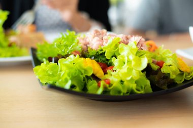 Yeşil marul ve karışık sebzeli ton balığı salatası..