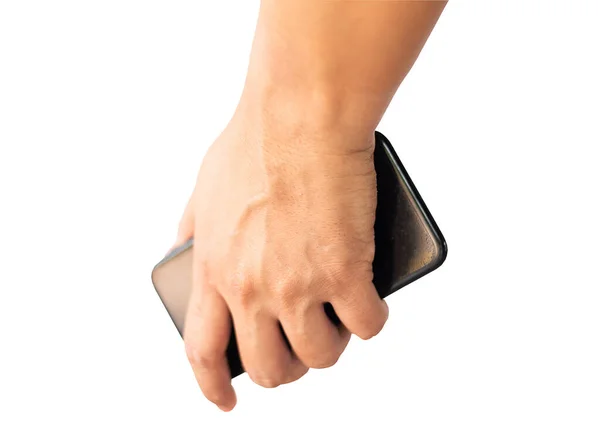 Close Zwarte Smartphone Hand Witte Achtergrond — Stockfoto