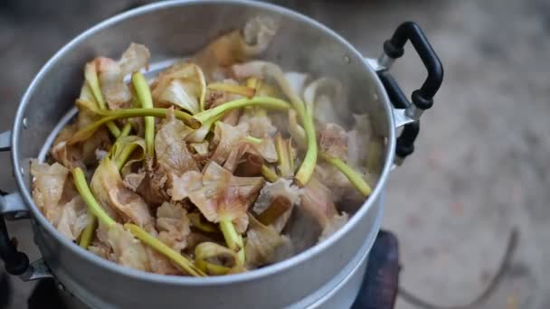 Legumes Cozidos Vapor Panela Fogão Carvão Conceito Culinária Tailandesa — Vídeo de Stock