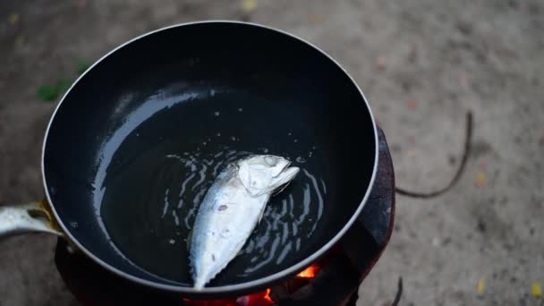 Chef Cozinhar Peixe Frito Panela — Vídeo de Stock