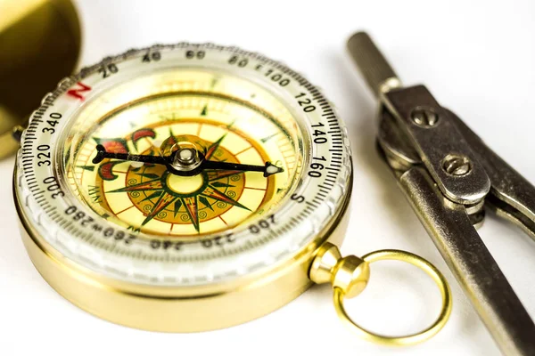 Old tourist compass with circinus on white — Stock Photo, Image