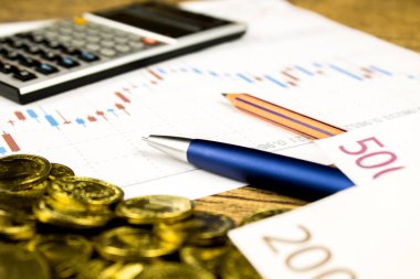 hesap makinesi, kalem ve para graffica Dow Jones