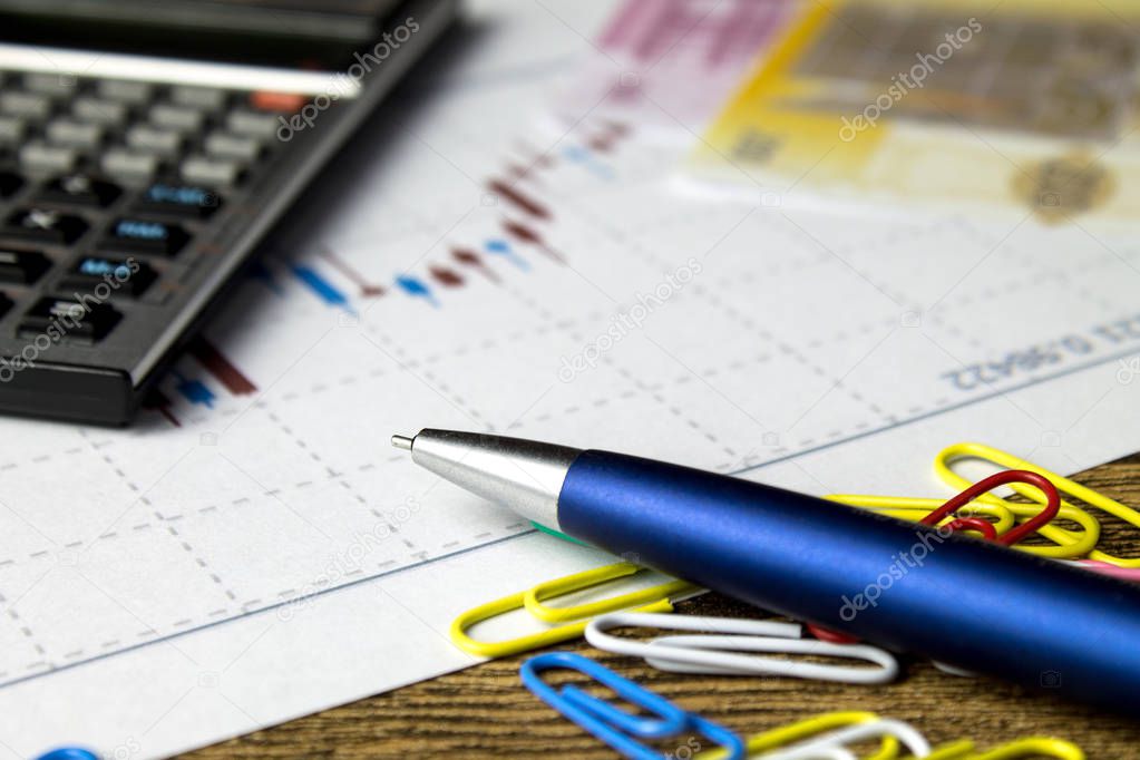 calculator,pencil and money on graffica the Dow Jones
