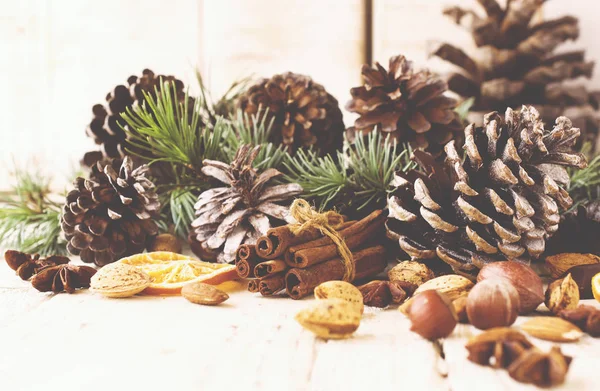 Nieuwjaar of Kerstmis samenstelling met glühwein, walnoten, hazelnoten — Stockfoto