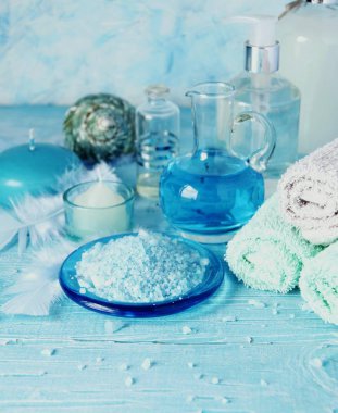 Spa havlu, tuz ve aromatik yağlar, seçici odak için ayarla