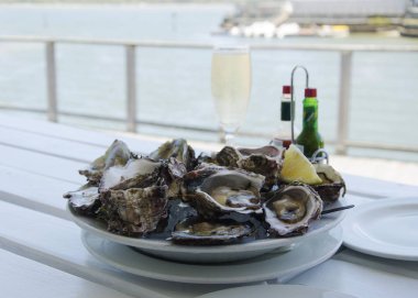 bir tabak taze açık istiridye ve bir kadeh şampanya beyaz bir tablo seçici odak Okyanus Manzaralı