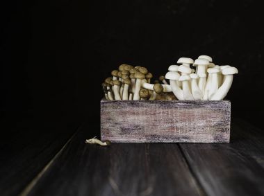 seçici odak, ahşap bir arka plan beyaz ve kahverengi Çince mantar
