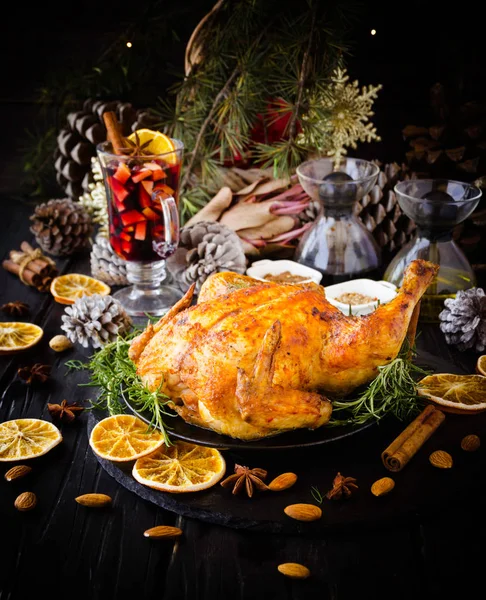 Baked turkey for Christmas or New Year Thanksgiving Day selective focus