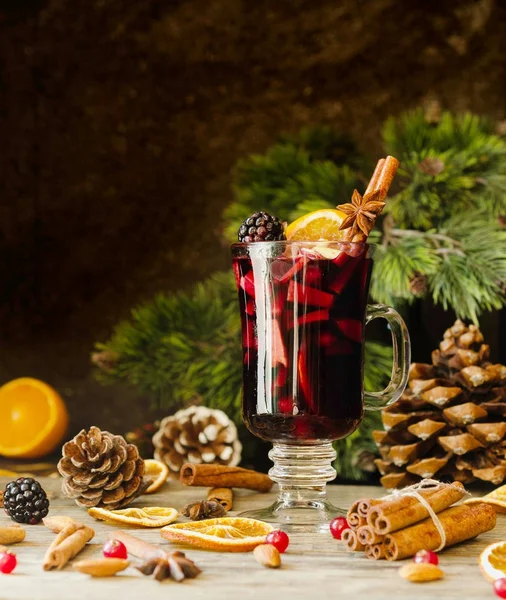 Bicchiere di vin brulè caldo per il nuovo anno con ingredienti per c — Foto Stock