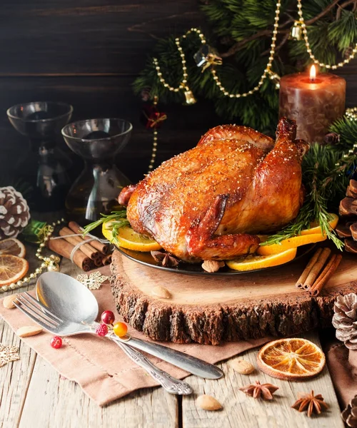 Baked turkey for Christmas Dinner or New Year space for text — Stock Photo, Image