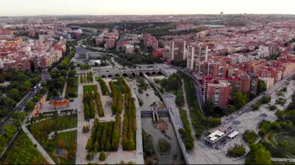 Aerial View Madrid Cityscape Manzanares River Filmed Drone Camera — Stock Video