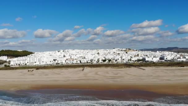 Escena Aérea Drones Del Océano Descubre Playa Los Edificios Del — Vídeos de Stock