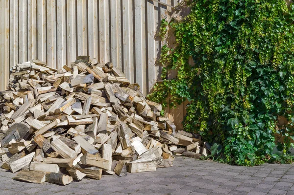 Brennholzhaufen Auf Grauen Pflastersteinen Vor Einer Holzwand Mit Jungfrau Schlingpflanze — Stockfoto