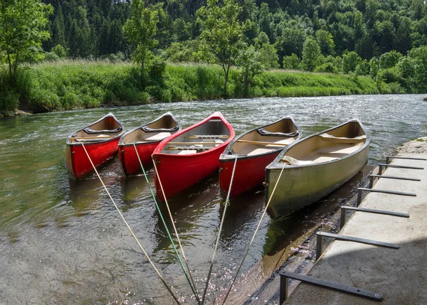 Fünf Gebundene Leere Kanus Liegen Einer Reihe Nebeneinander Einem Fluss — Stockfoto