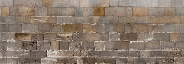 Panorámás Kép Templom Faláról Ősi Szürke Barna Fal Szögletes Kövekből — Stock Fotó