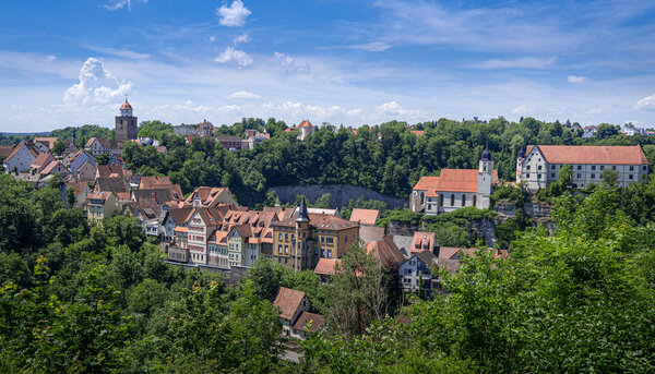 View over the old town of Haigerloch in Germany with Rmerturm on the left and castle with castle church on the right