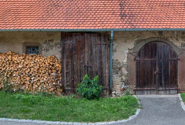 Part Old Farm Building Woodpile Two Gates One New Entry — Stock Photo, Image