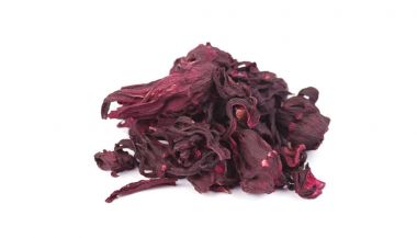 Kurutulmuş hibiscus çiçek. Hibiscus çay yakın çekim, izole üzerinde beyaz arka plan