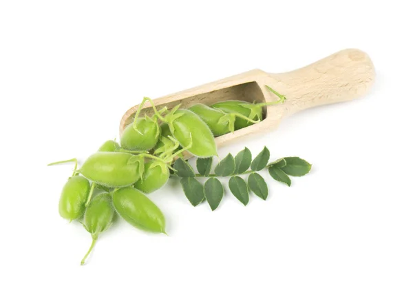 Garbanzos verdes en la vaina sobre una cuchara de madera aislada sobre fondo blanco — Foto de Stock