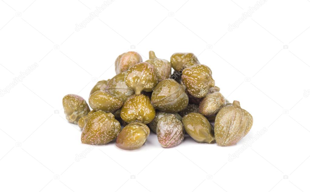 Capers isolated on white background. Pickled capers. Canned capers