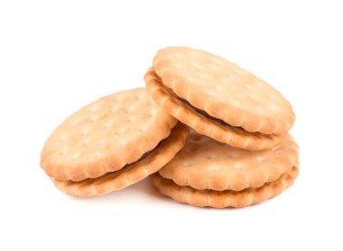 Beyaz arka planda izole edilmiş bisküvi yuvarlak sandviç. Makro