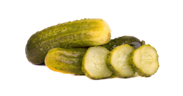 Pickled cucumber isolated on white background. Marinated pickled cucumber isolated. Closeup