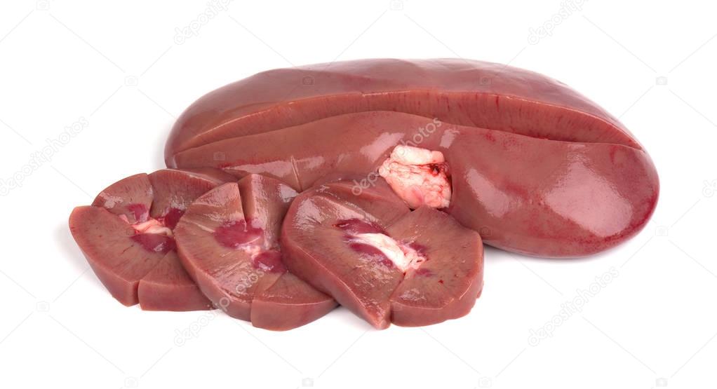 Pork kidney raw isolated on white background. Closeup. Pig kidney isolated.