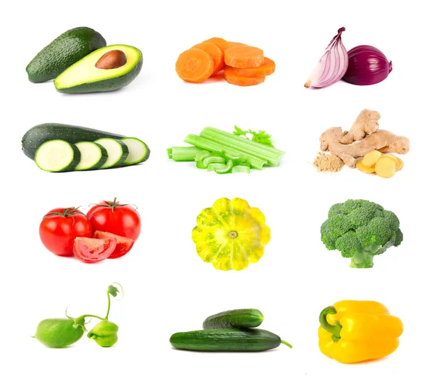 Colección de verduras frescas aisladas sobre fondo blanco. Collage de verduras jugosas y maduras aisladas sobre fondo blanco. Primer plano — Foto de Stock