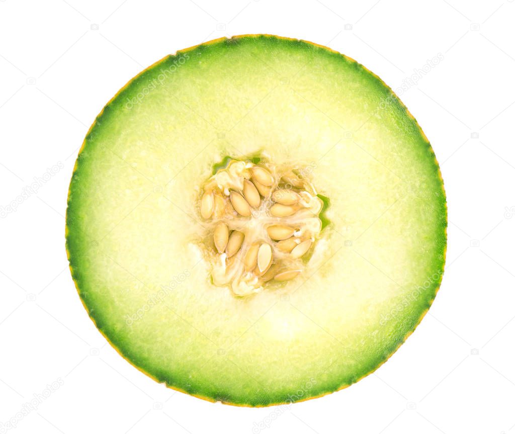 Slice of a muskmelon isolated on white background. Round slice of melon.