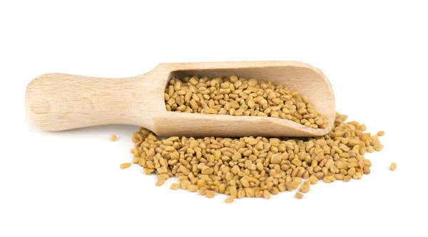 Fenugreek seeds in wooden spoon, isolated on white background — Stock Photo, Image