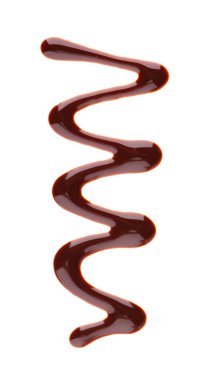 Beyaz arka planda izole edilmiş çikolata şurubu. Çikolata sosu damlatıyor. Üst görünüm.