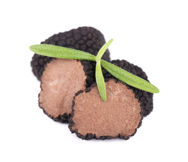 Black truffles isolated on a white background. Fresh sliced truffle with rosemary branch. Delicacy exclusive truffle mushroom. Piquant and fragrant French delicacy. Clipping path. — Stock Photo, Image