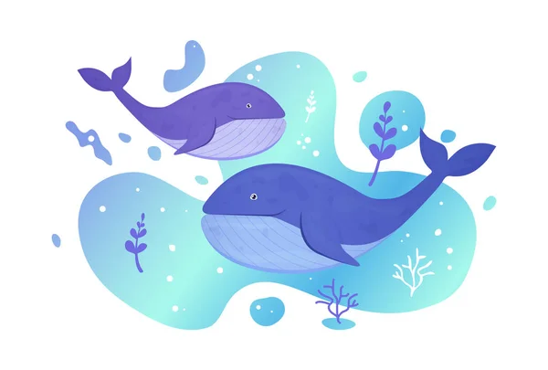Два кита в море. Океан. Подводная морская дикая жизнь. Векторная иллюстрация . — стоковый вектор