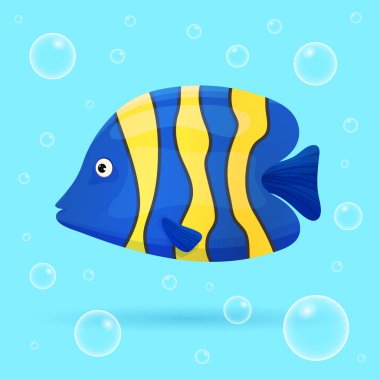 Mavi arka planda baloncuklu şirin tropikal balıklar. Parlak renkli okyanus balığı. Deniz altı vahşi yaşamı. Vektör illüstrasyonu.