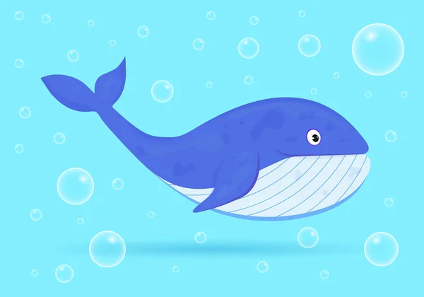 Balena su sfondo blu con bolle. Pesci oceanici. Fauna selvatica marina sottomarina. Illustrazione vettoriale . — Vettoriale Stock