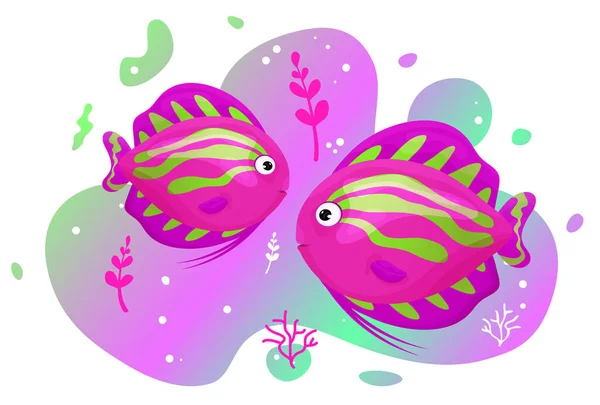 Dois peixes tropicais bonitos no mar. Peixes marinhos de cores vivas. Vida marinha subaquática selvagem. Ilustração vetorial . — Vetor de Stock