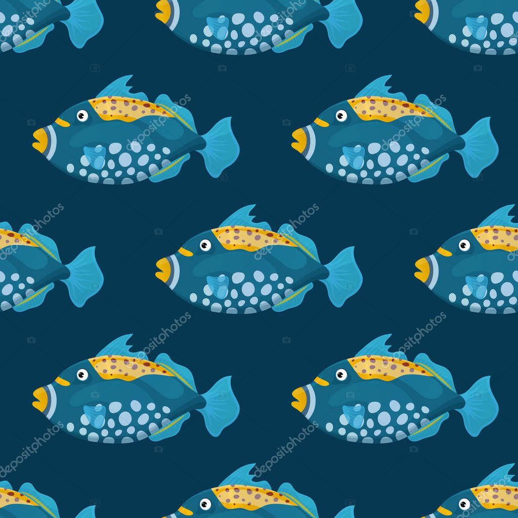 Cute tropical fish on dark background. Brightly-coloured ocean fish. Underwater marine wild life. Seamless pattern. Vector illustration