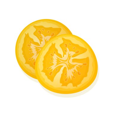 Beyaz üzerine izole edilmiş sarı domates dilimi. İki dilim olgun sulu domates. Vektör İllüstrasyonu.