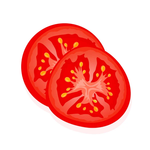 Beyaza izole edilmiş kırmızı domates dilimi. İki dilim olgun sulu domates. Vektör İllüstrasyonu. — Stok Vektör