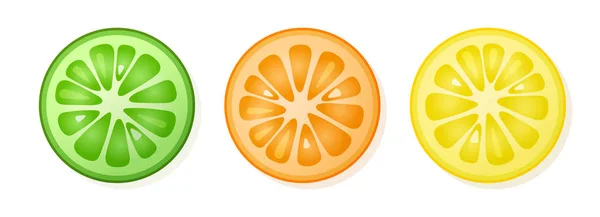 Set van citroen, sinaasappel, limoenschijfjes op witte achtergrond. Citrusvruchten in plakjes. Vectorillustratie. — Stockvector