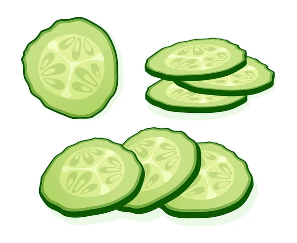 Rodajas Pepino Fresco Rodajas Aisladas Sobre Fondo Blanco Trozo Redondo — Vector de stock