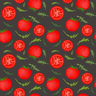 Kırmızı domatesler koyu arkaplanda. Roka yapraklı domates sebzesi. Vektör çizimi. Kusursuz desen