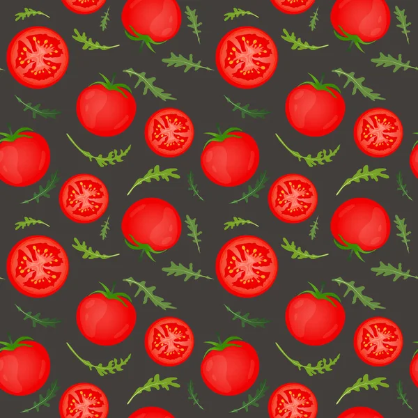 Красные Помидоры Темном Фоне Томатный Овощ Листьями Рукколы Векторная Иллюстрация — стоковый вектор
